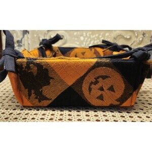 Black & Orange Halloween Cloth Basket Black Cat Witch Pumpkins NWOT 8.5" x 8.5"